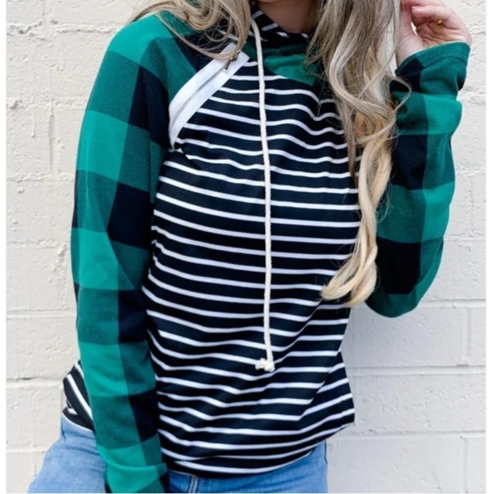 Amoli navy/white strip hoodie with green plaid